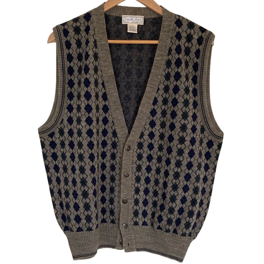 Murano Mens Wool‎ Blend Button Front Dad Vest Size L Grey Navy Diamond Print